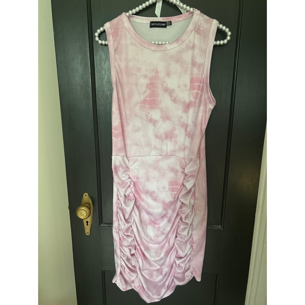 PrettyLittleThing Tie Dye Bodycon Dress Ruched Sleeveless Pink White Size 10